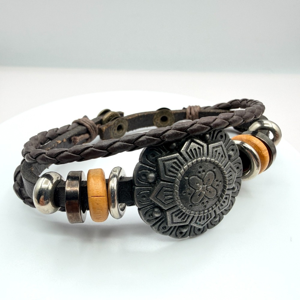Vintage Multi Strand Leather Bracelet with Wood Beads & Metal Medallion 90s